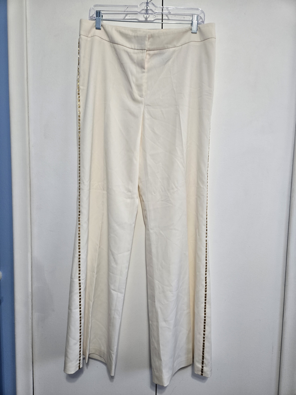Apostrophe Stretch Ivory Wide Leg Dress Pants Gold Trim Size 12